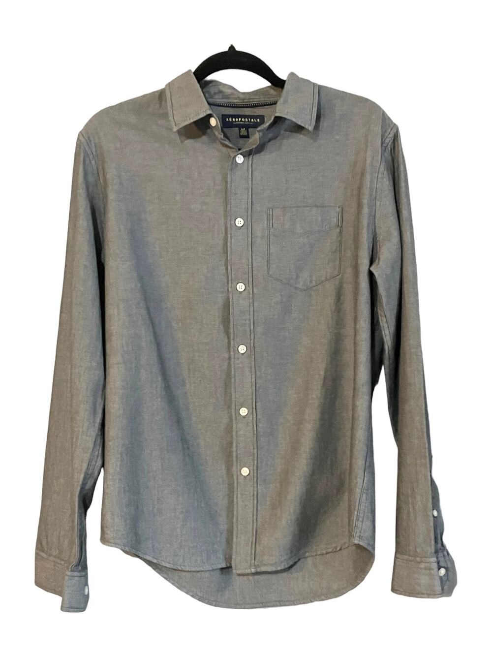 Aeropostale Men's Grey Long Sleeve Button-Up Chest Pocket Casual Top Size Small
